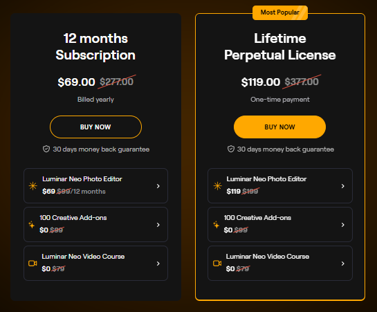 Skylum Luminar Neo detailed pricing