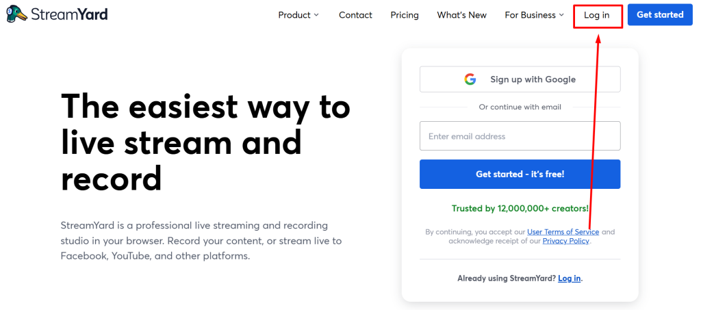 Streamyard front page