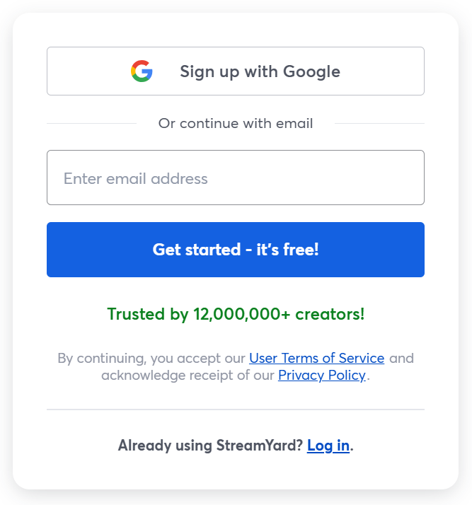 Streamyard log in