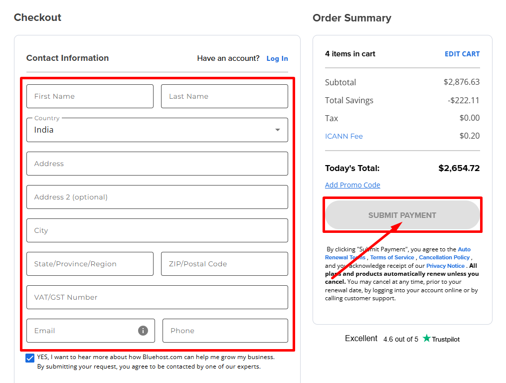 Bluehost-order-summary